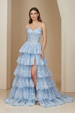 Sky Blue Sweetheart A Line Sequined Lace Long Formal Prom Dresses With Ruffles