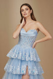 Sky Blue Sweetheart A Line Sequined Lace Long Formal Prom Dresses With Ruffles