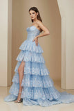 Sky Blue Sweetheart A Line Sequined Lace Long Formal Prom Dresses With Ruffles