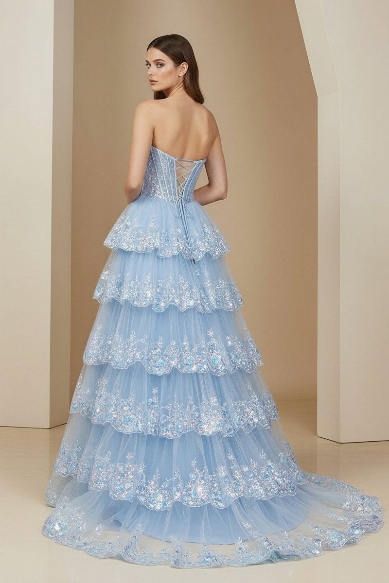 Sky Blue Sweetheart A Line Sequined Lace Long Formal Prom Dresses With Ruffles