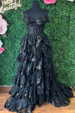 Pink Sequin Appliques Off-the-Shoulder Ruffle Tiered Long Gown