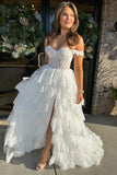 Pink Sequin Appliques Off-the-Shoulder Ruffle Tiered Long Gown