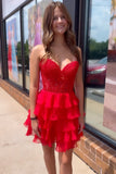 A-Line Strapless Tiered Corset Short Homecoming Dress with Appliques