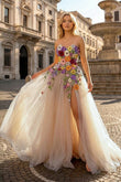 Champagne A Line Sweetheart Flower Long Prom Dress With Appliques