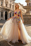 Champagne A Line Sweetheart Flower Long Prom Dress With Appliques