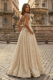 A-line V Neck Sequins Long Prom Dress