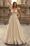 A-line V Neck Sequins Long Prom Dress
