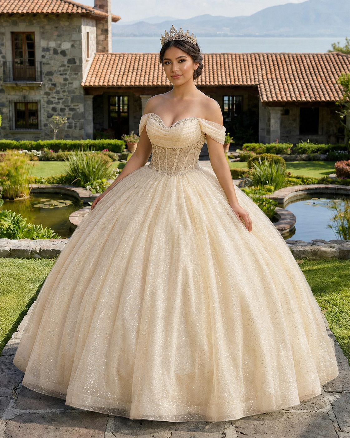 Glitter Off The Shoulder Beading Tulle Long Quinceanera Dresses