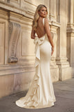 Coral Pink Mermaid V Neck Satin Open Back Long Prom Dresses With Bow