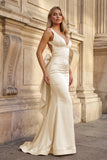 Coral Pink Mermaid V Neck Satin Open Back Long Prom Dresses With Bow