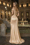 Burgundy Off The Shoulder Mermaid Beaded Satin Long Prom Dresses With Appliques