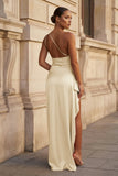 Pink One Shoulder Sheath Satin Long Prom Dresses With Slit