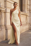 Pink One Shoulder Sheath Satin Long Prom Dresses With Slit