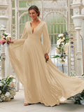 Vestido de dama de honor de corte A/princesa, de gasa, con volantes, escote en V, mangas largas y cola larga, vestido para madre de la novia