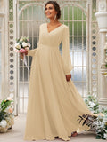 A-Line/Princess Chiffon Ruched V-neck Long Sleeves Floor-Length Bridesmaid Dresses Mother of the Bride Dress