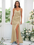Sheath/Column Silk like Satin Ruched Spaghetti Straps Sleeveless Sweep/Brush Train Bridesmaid Dresses Evening Dress