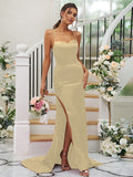 Sheath/Column Silk like Satin Ruched Square Sleeveless Sweep/Brush Train Bridesmaid Dresses Evening Dress
