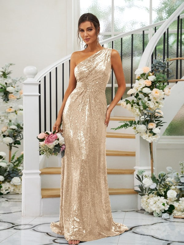 Sheath/Column Sequins Ruched One-Shoulder Sleeveless Sweep/Brush Train Bridesmaid Dresses Evening Dress