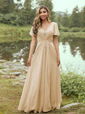 A-Line/Princess Chiffon Ruffles V-neck Short Sleeves Floor-Length Bridesmaid Dresses Evening Prom Dress