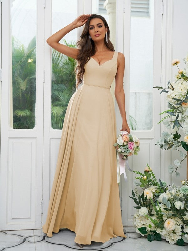 A-Line/Princess Chiffon Ruffles V-neck Sleeveless Floor-Length Bridesmaid Dresses Evening Dress