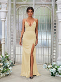 Sheath/Column Silk like Satin Ruched V-neck Sleeveless Sweep/Brush Train Bridesmaid Dresses Evening Dress
