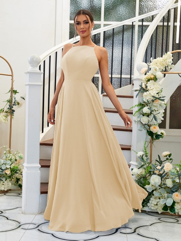 A-Linie/Princess-Linie Chiffon Rüschen Neckholder Ärmellos Bodenlang Brautjungfernkleider Abendkleid