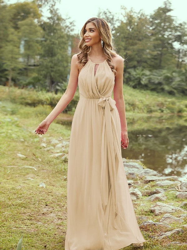A-Line/Princess Chiffon Ruffles Halter Sleeveless Sweep/Brush Train Bridesmaid Dresses	Evening Prom Dress