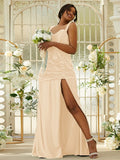 Sheath/Column Polyester Ruched Sweetheart Sleeveless Sweep/Brush Train Bridesmaid Dresses Evening Dress