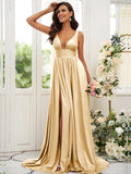 Vestido de dama de honor de corte A/princesa, jersey con volantes, escote en V, sin mangas, cola larga, para invitada de boda