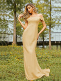 Sheath/Column Jersey Ruched Off-the-Shoulder Sleeveless Sweep/Brush Train Bridesmaid Dresses Evening Dress