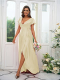 A-Line/Princess Silk like Satin Ruched V-neck Short Sleeves Floor-Length Bridesmaid Dresses Evening Dress