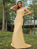 Sheath/Column Stretch Crepe Applique Off-the-Shoulder Sleeveless Sweep/Brush Train Bridesmaid Dresses Evening Dress