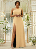 Sheath/Column Jersey Ruffles One-Shoulder Sleeveless Sweep/Brush Train Bridesmaid Dresses Evening Dress