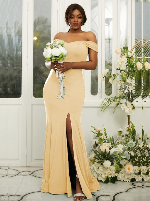 Sheath/Column Jersey Ruffles Off-the-Shoulder Sleeveless Sweep/Brush Train Bridesmaid Dresses Evening Dress