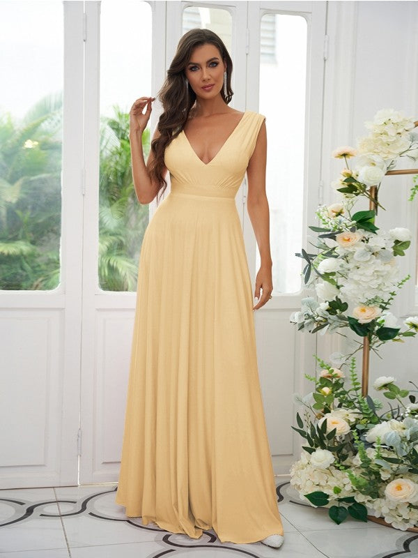 A-Line/Princess Jersey Ruffles V-neck Sleeveless Floor-Length Bridesmaid Dresses Evening Prom Dress