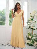 A-Line/Princess Jersey Ruffles V-neck Sleeveless Floor-Length Bridesmaid Dresses Evening Prom Dress
