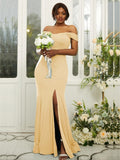 Sheath/Column Jersey Ruffles Off-the-Shoulder Sleeveless Sweep/Brush Train Bridesmaid Dresses Evening Dress