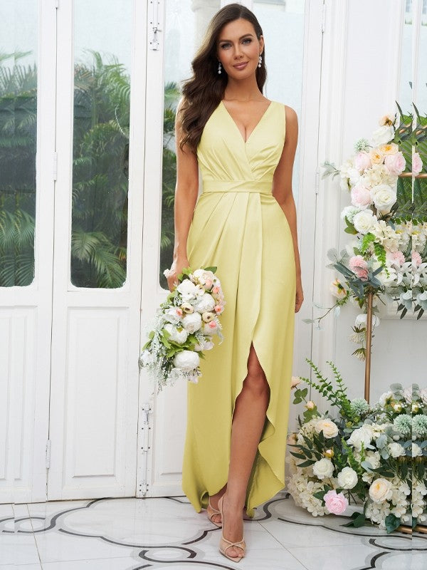 A-Line/Princess Charmeuse Ruched V-neck Sleeveless Sweep/Brush Train Bridesmaid Dresses Evening Dress