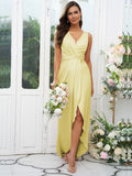 A-Line/Princess Charmeuse Ruched V-neck Sleeveless Sweep/Brush Train Bridesmaid Dresses Evening Dress