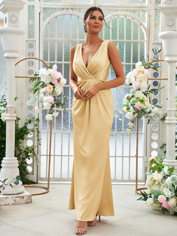 Sheath/Column Jersey Ruched V-neck Sleeveless Floor-Length Bridesmaid Dresses Evening Dress