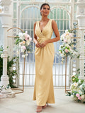 Sheath/Column Jersey Ruched V-neck Sleeveless Floor-Length Bridesmaid Dresses Evening Dress