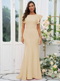 Sheath/Column Stretch Crepe Ruffles Scoop Short Sleeves Sweep/Brush Train Bridesmaid Dresses Evening Dress