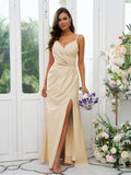 A-Line/Princess Stretch Crepe Ruched V-neck Sleeveless Floor-Length Bridesmaid Dresses Evening Dress