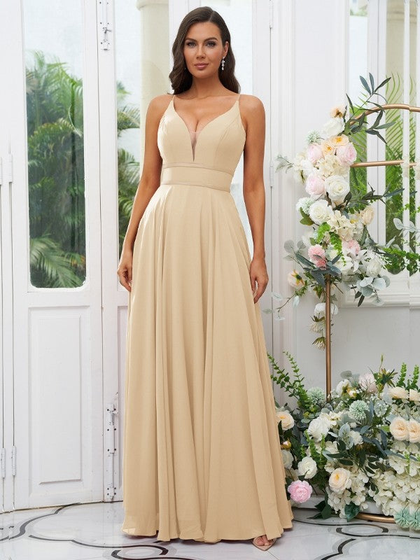 A-Line/Princess Chiffon Ruffles V-neck Sleeveless Floor-Length Bridesmaid Dresses Evening Prom Dress