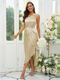 A-Line/Princess Silk like Satin Ruched One-Shoulder Sleeveless Tea-Length Bridesmaid Dresses Evening Prom Dress