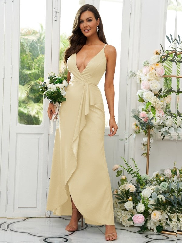A-Line/Princess Silk like Satin Ruffles V-neck Sleeveless Floor-Length Bridesmaid Dresses Prom Dress