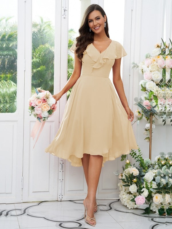 Vestido de dama de honor asimétrico de corte A/princesa, de gasa, con volantes, escote en V y mangas cortas, ideal para invitadas de boda y graduación.