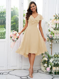 Vestido de dama de honor asimétrico de corte A/princesa, de gasa, con volantes, escote en V y mangas cortas, ideal para invitadas de boda y graduación.