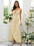 A-Line/Princess Silk like Satin Ruffles V-neck Sleeveless Floor-Length Bridesmaid Dresses Prom Dress