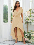 A-Line/Princess Chiffon Ruffles V-neck Short Sleeves Asymmetrical Bridesmaid Dresses Prom Dress
